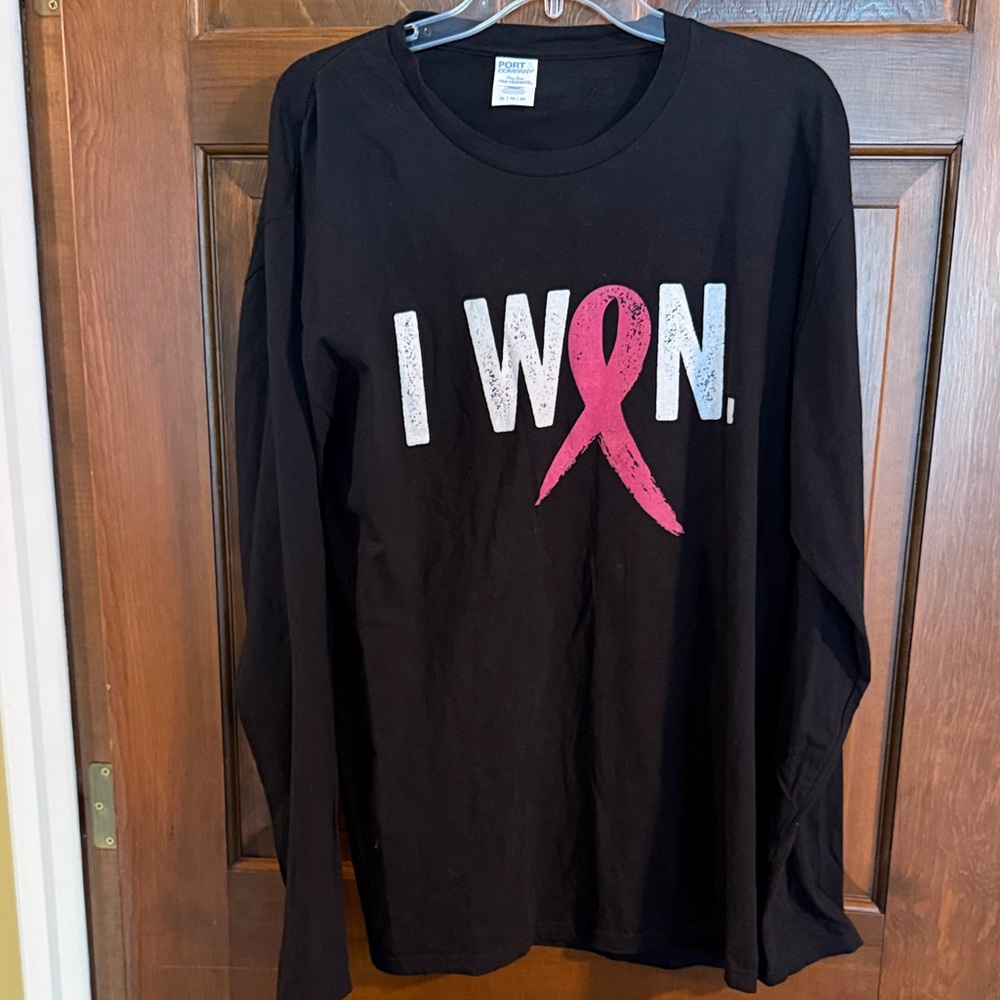 Breast Cancer “I Won” long sleeve black T-shirt pink ribbon, XL  100% Cotton EUC